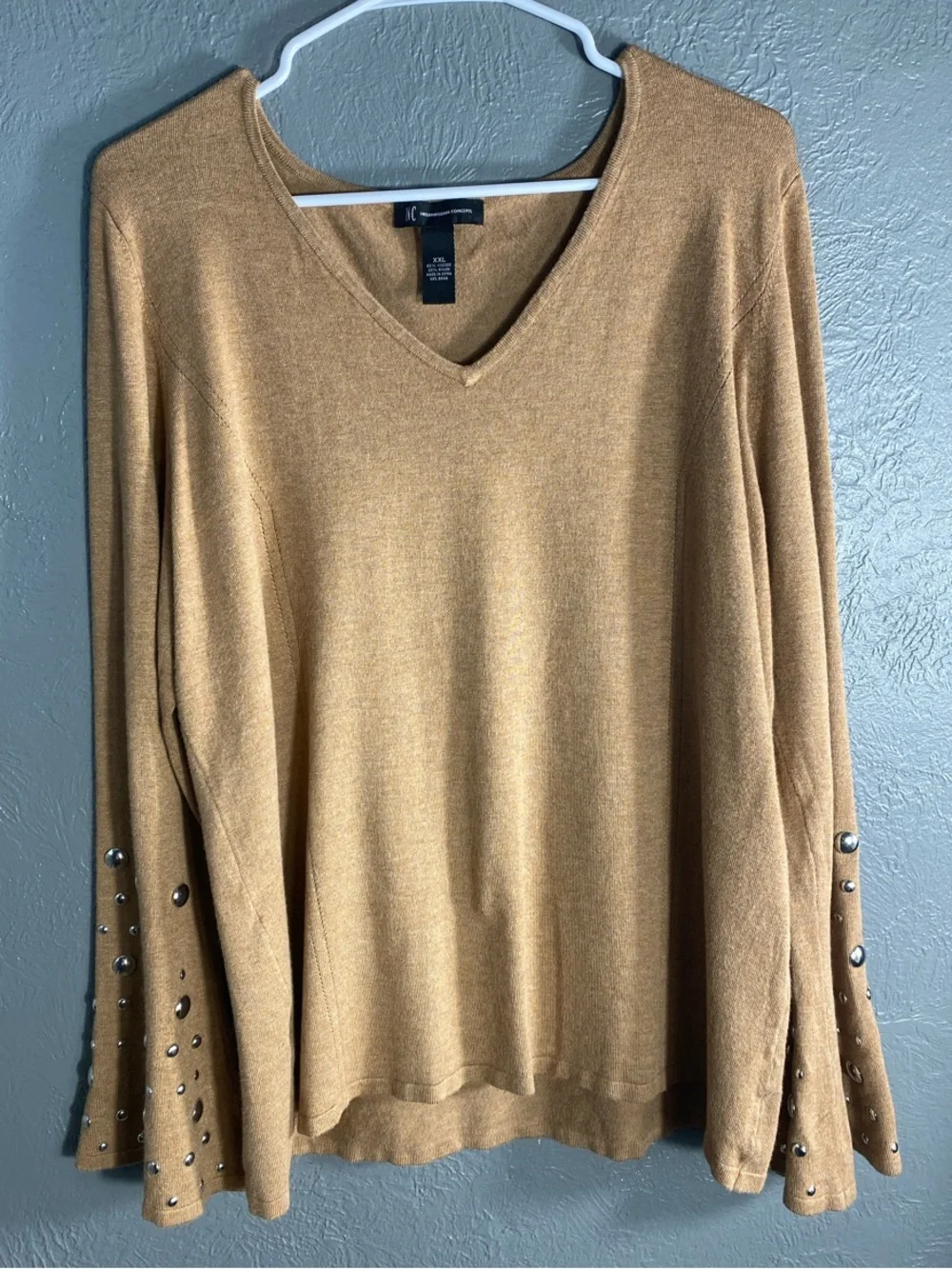 INC International Concepts Sweater Womens XXL Tan Embellished Bell Sleeve V Neck